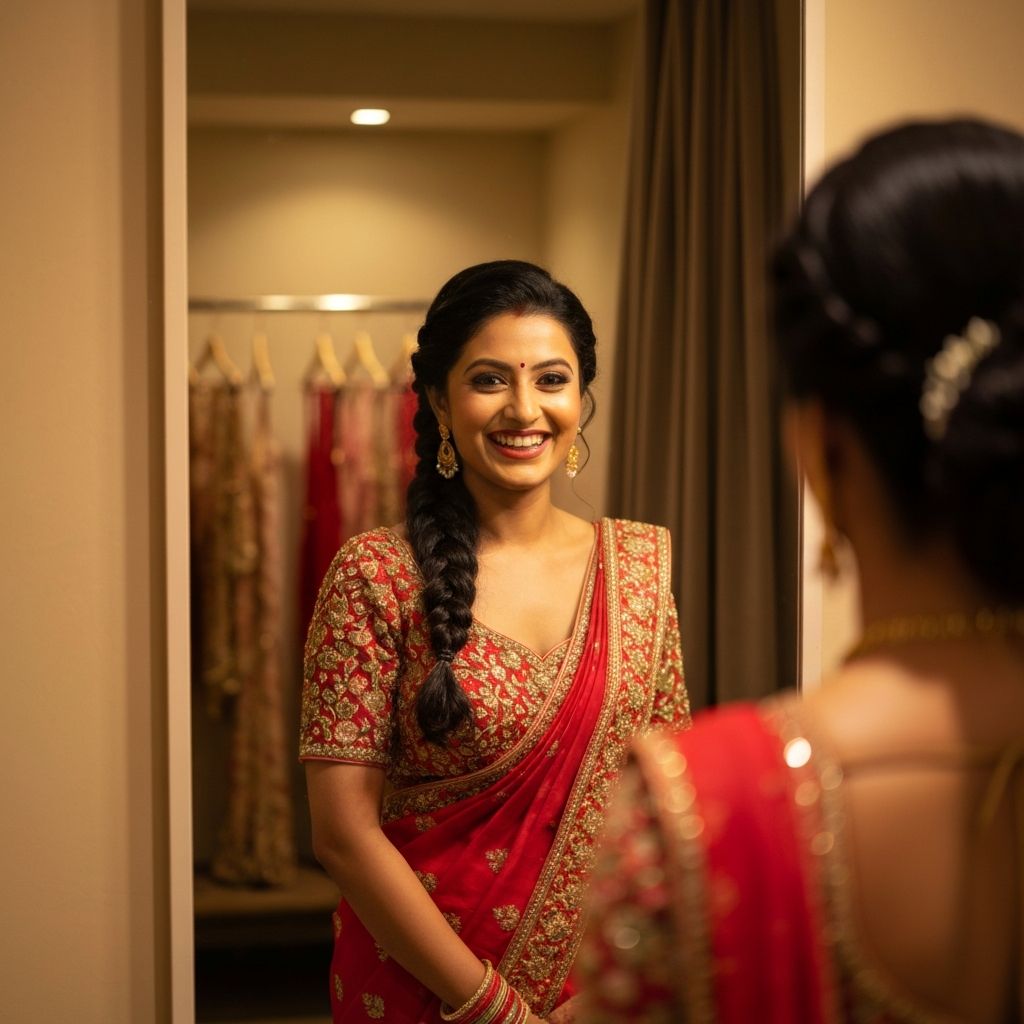 Bride trying on a beautiful red and gold bridal saree